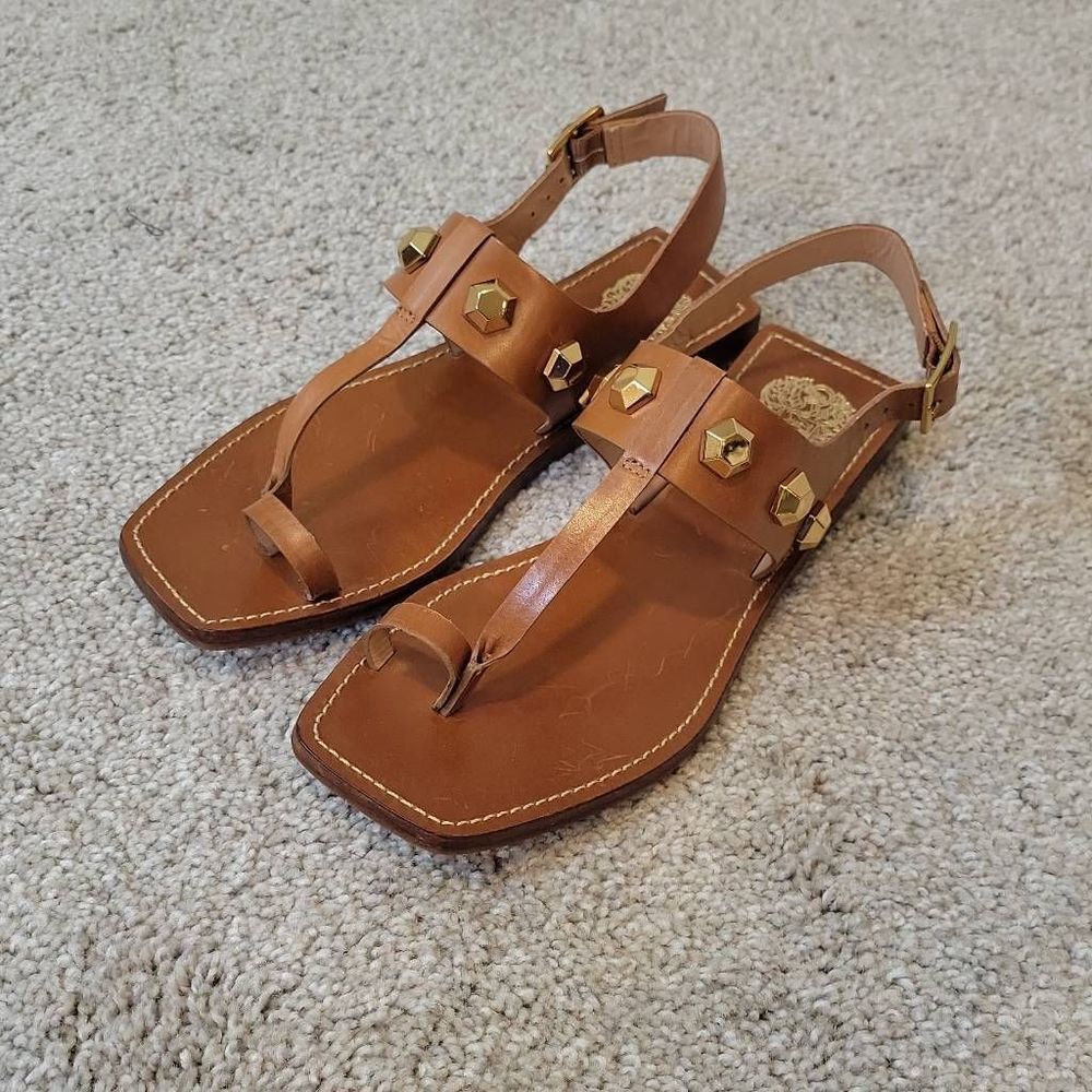 Vince Camuto Cognac Leather T-Strap Sandals with Gold Hex Studs